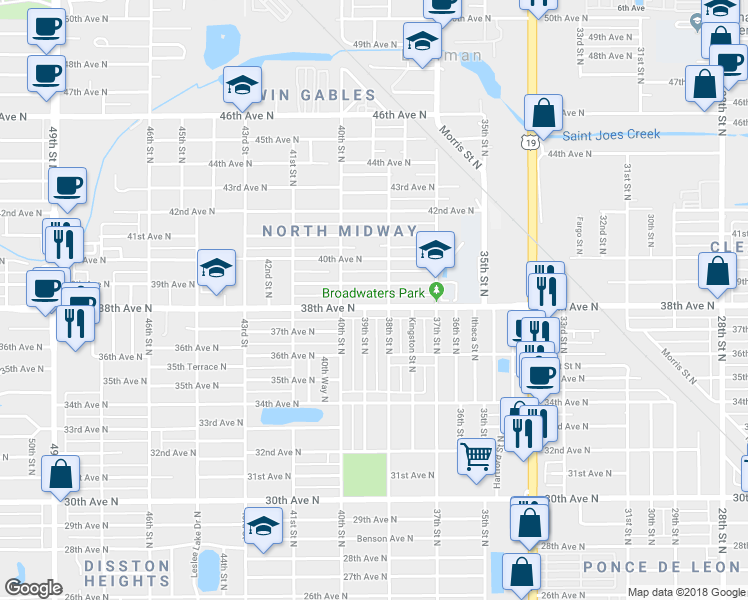map of restaurants, bars, coffee shops, grocery stores, and more near 3827 38th Avenue North in St. Petersburg