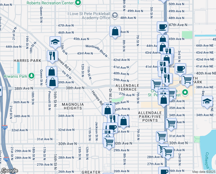 map of restaurants, bars, coffee shops, grocery stores, and more near 3800 9th Street North in St. Petersburg