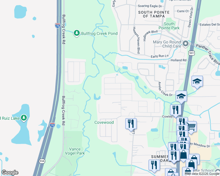 map of restaurants, bars, coffee shops, grocery stores, and more near 10012 RoseMary Leaf Lane in Riverview