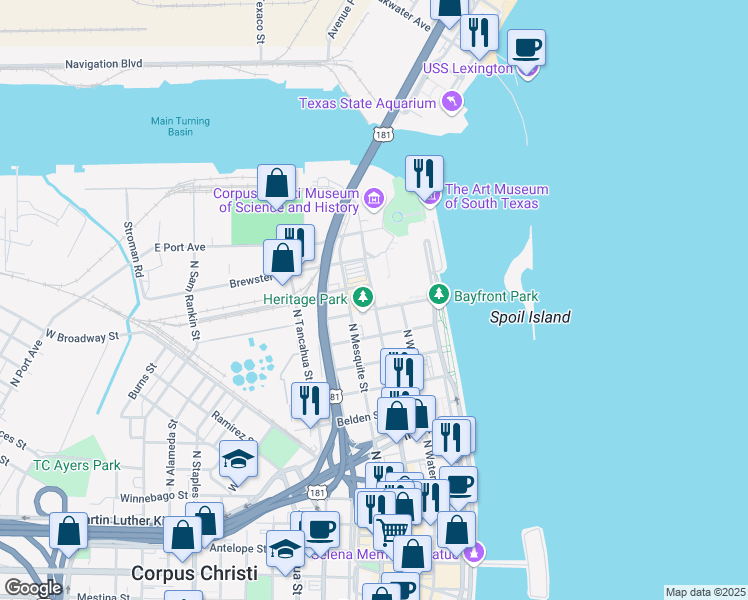 map of restaurants, bars, coffee shops, grocery stores, and more near 1609 North Chaparral Street in Corpus Christi