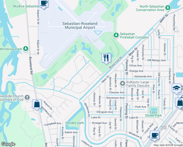 map of restaurants, bars, coffee shops, grocery stores, and more near 606 Monarch Way in Sebastian