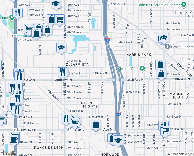 map of restaurants, bars, coffee shops, grocery stores, and more near 2435 38th Avenue North in St. Petersburg