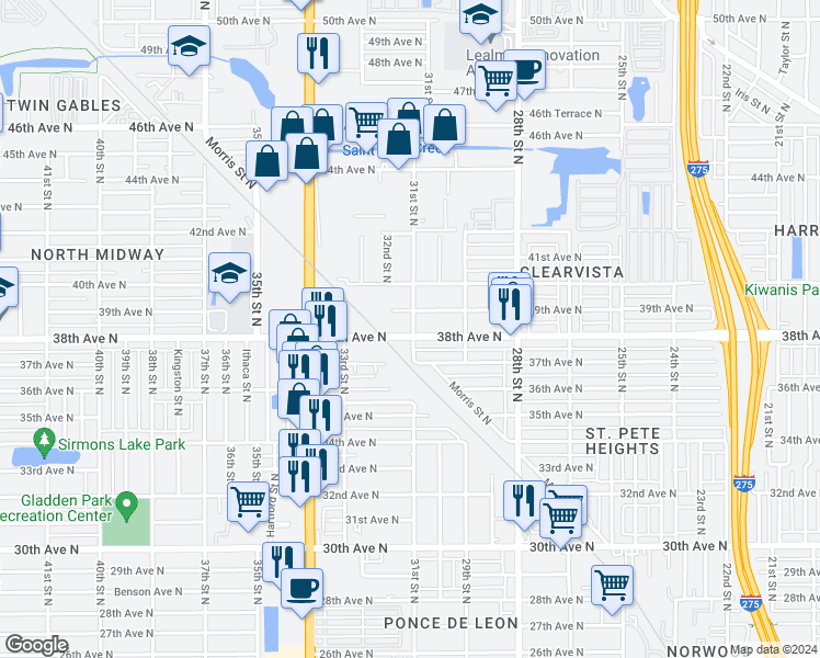 map of restaurants, bars, coffee shops, grocery stores, and more near 3800 31st Street North in St. Petersburg
