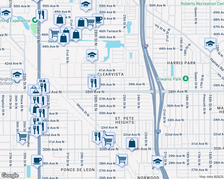 map of restaurants, bars, coffee shops, grocery stores, and more near 3826 26th Street North in St. Petersburg