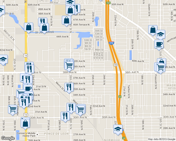 map of restaurants, bars, coffee shops, grocery stores, and more near 2526 39th Avenue North in St. Petersburg