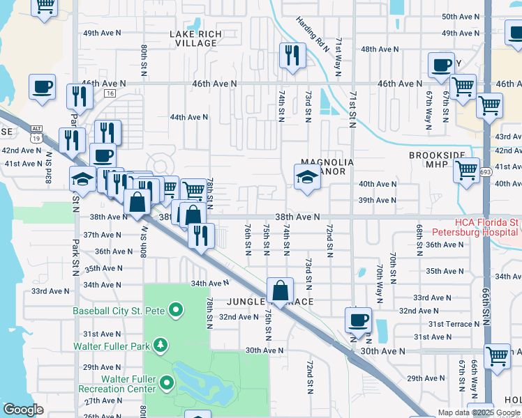 map of restaurants, bars, coffee shops, grocery stores, and more near 3860 75th Way North in St. Petersburg