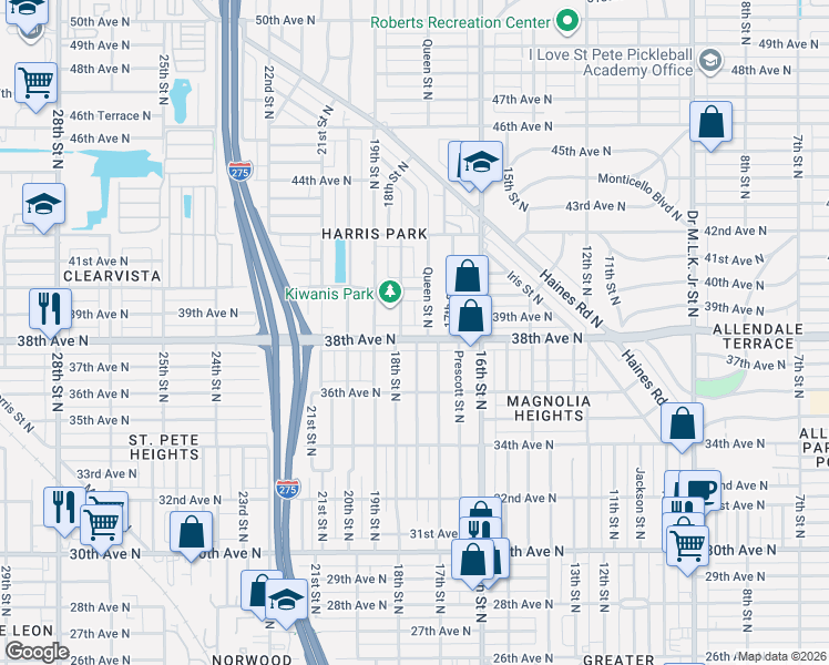 map of restaurants, bars, coffee shops, grocery stores, and more near 3820 Queen Street North in St. Petersburg