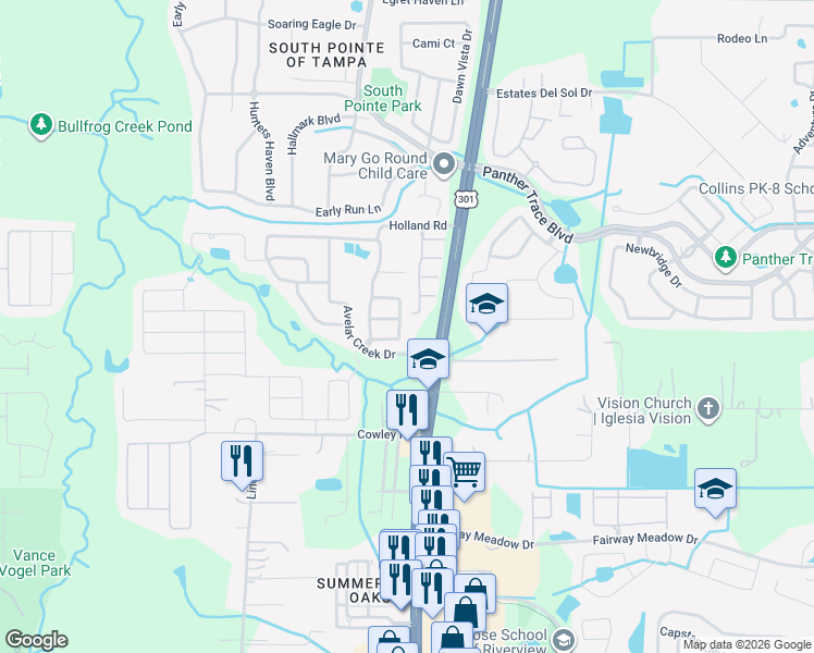 map of restaurants, bars, coffee shops, grocery stores, and more near 12831 Geneva Glade Drive in Riverview
