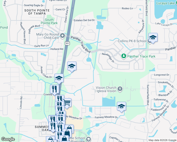 map of restaurants, bars, coffee shops, grocery stores, and more near 12740 Standbridge Drive in Riverview