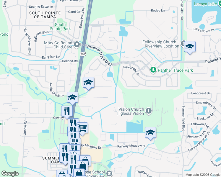 map of restaurants, bars, coffee shops, grocery stores, and more near 12740 Standbridge Drive in Riverview