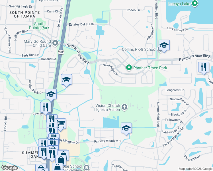 map of restaurants, bars, coffee shops, grocery stores, and more near 10820 Newbridge Drive in Riverview