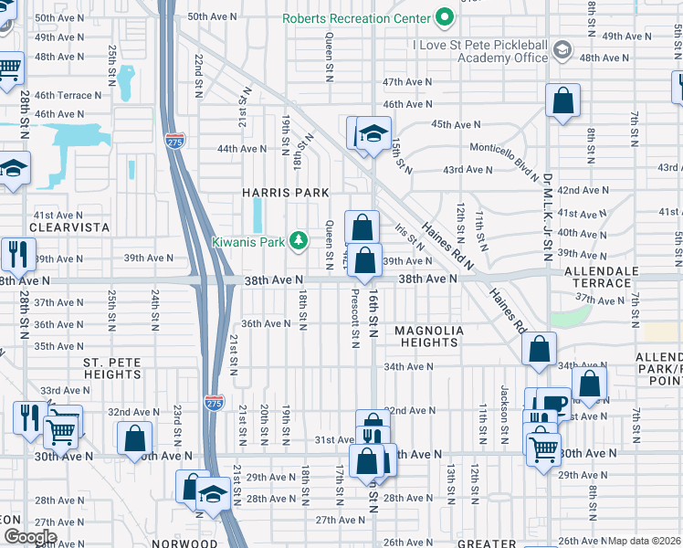 map of restaurants, bars, coffee shops, grocery stores, and more near 1701 38th Avenue North in St. Petersburg