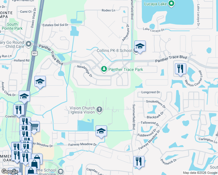map of restaurants, bars, coffee shops, grocery stores, and more near 12741 Bramfield Drive in Riverview
