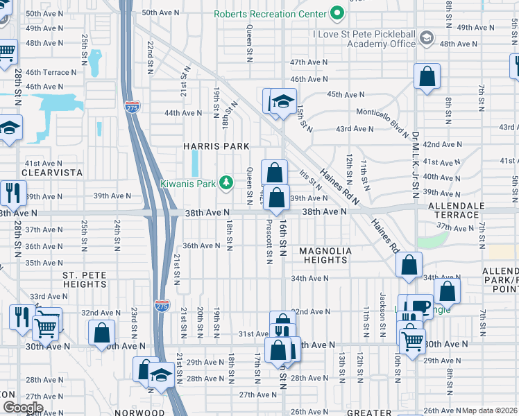 map of restaurants, bars, coffee shops, grocery stores, and more near 3811 17th Street North in St. Petersburg