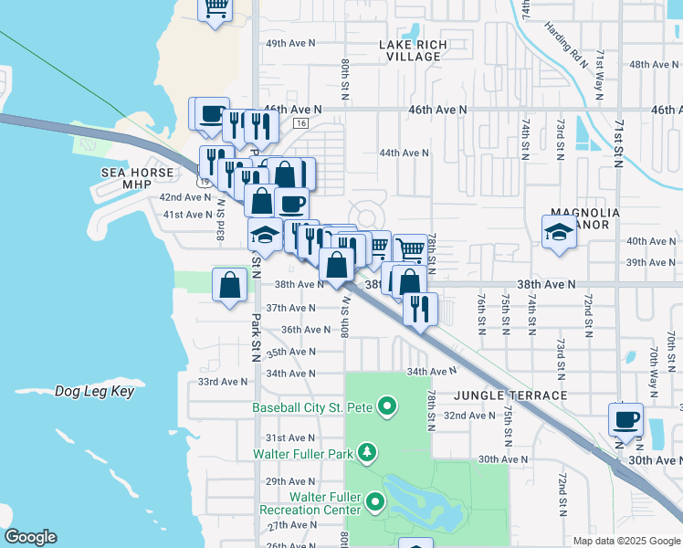 map of restaurants, bars, coffee shops, grocery stores, and more near 3839 Tyrone Boulevard North in St. Petersburg
