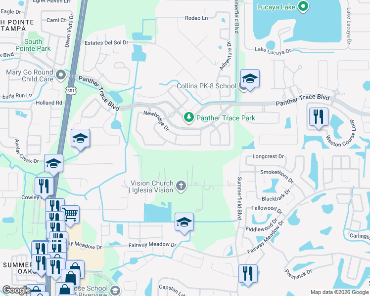 map of restaurants, bars, coffee shops, grocery stores, and more near 12723 Bramfield Drive in Riverview