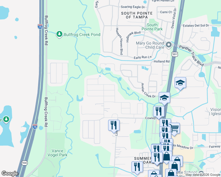map of restaurants, bars, coffee shops, grocery stores, and more near 10109 Rose Petal Place in Riverview