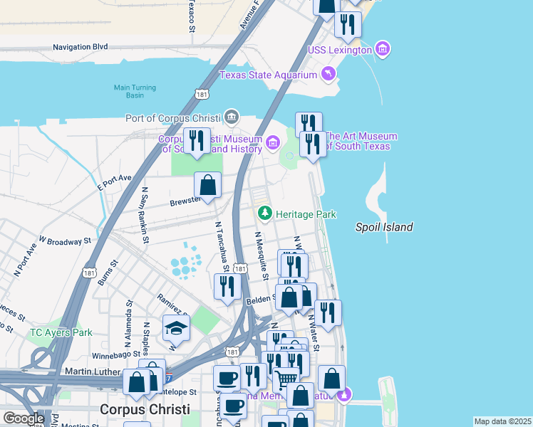 map of restaurants, bars, coffee shops, grocery stores, and more near 1609 North Chaparral Street in Corpus Christi
