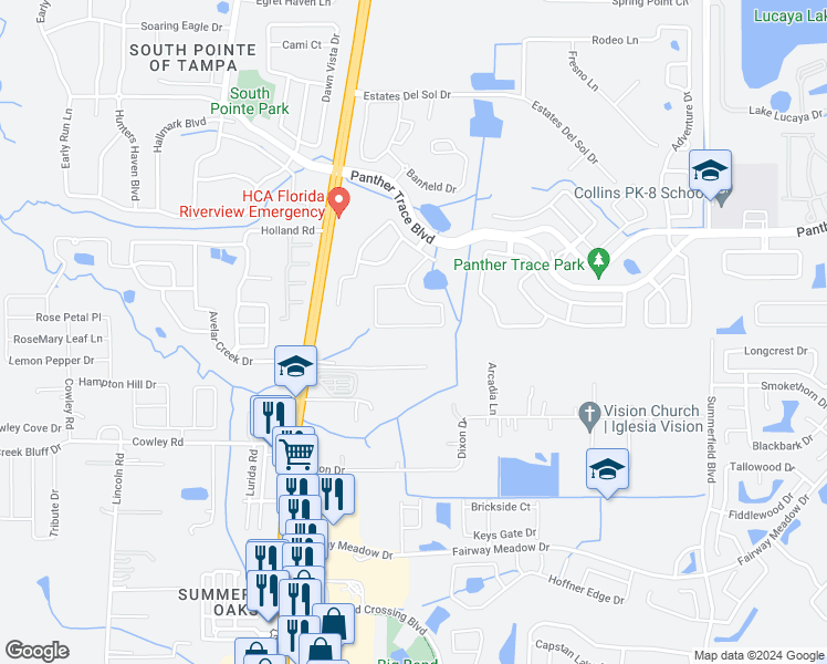 map of restaurants, bars, coffee shops, grocery stores, and more near 12750 Standbridge Drive in Riverview