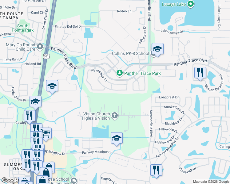 map of restaurants, bars, coffee shops, grocery stores, and more near 12719 Bramfield Drive in Riverview