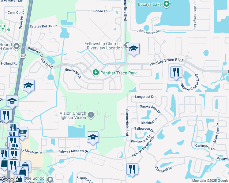 map of restaurants, bars, coffee shops, grocery stores, and more near 12702 Adventure Drive in Riverview
