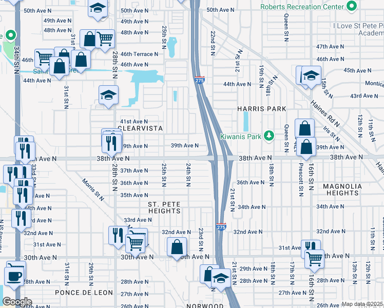 map of restaurants, bars, coffee shops, grocery stores, and more near 2335 38th Avenue North in St. Petersburg