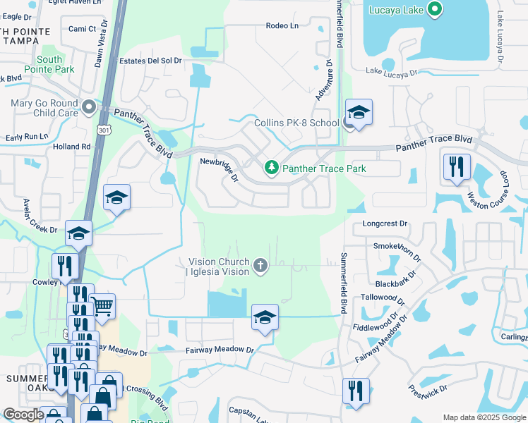 map of restaurants, bars, coffee shops, grocery stores, and more near 12721 Bramfield Drive in Riverview