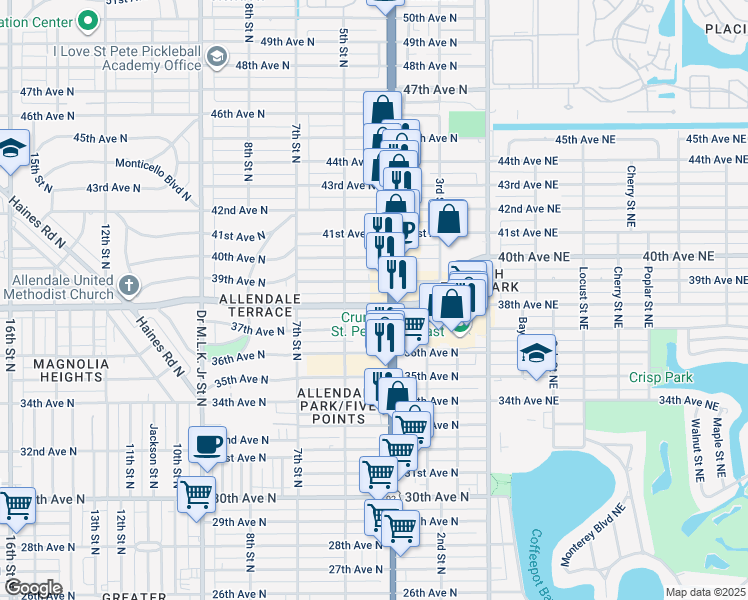 map of restaurants, bars, coffee shops, grocery stores, and more near 427 38th Avenue North in St. Petersburg