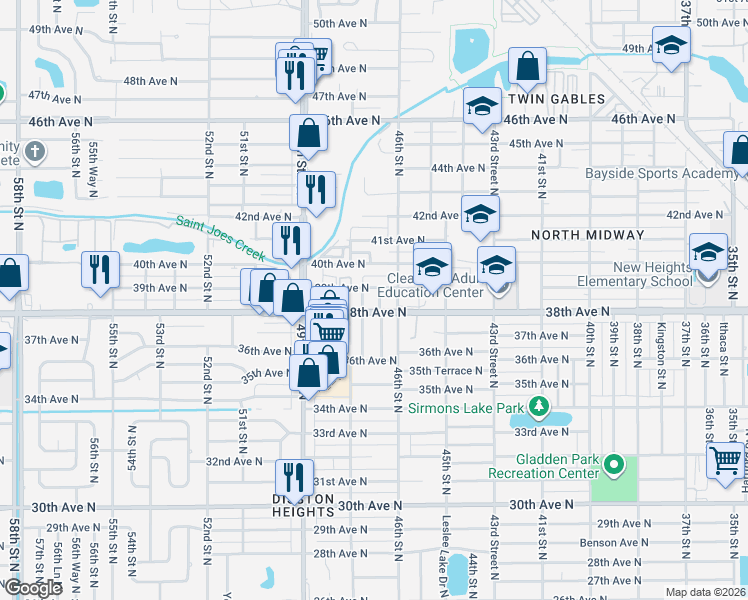 map of restaurants, bars, coffee shops, grocery stores, and more near 3827 Tifton Street North in St. Petersburg