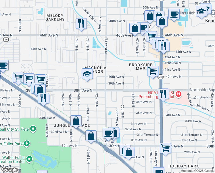map of restaurants, bars, coffee shops, grocery stores, and more near 3819 71st Street North in St. Petersburg