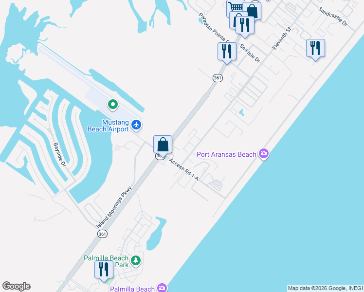 map of restaurants, bars, coffee shops, grocery stores, and more near 603 Parkplace in Port Aransas