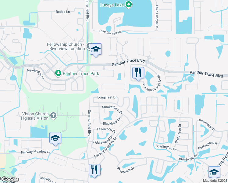 map of restaurants, bars, coffee shops, grocery stores, and more near 12640 Evington Point Drive in Riverview