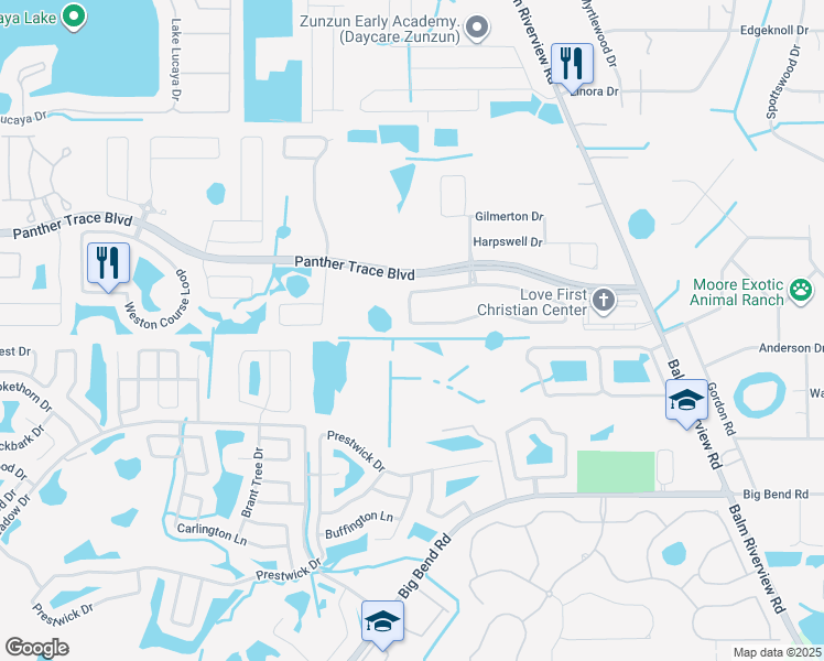map of restaurants, bars, coffee shops, grocery stores, and more near 11737 Newberry Grove Loop in Riverview
