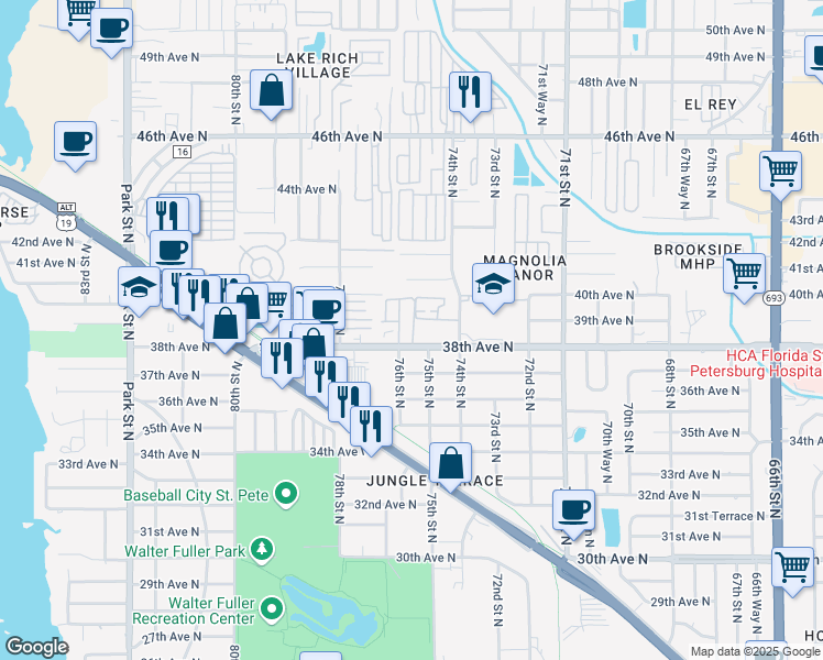 map of restaurants, bars, coffee shops, grocery stores, and more near 3860 75th Way North in St. Petersburg