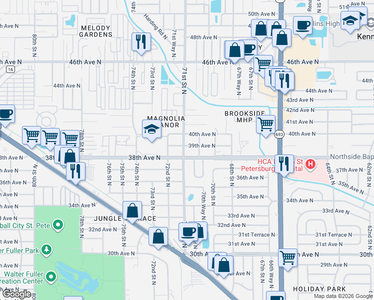 map of restaurants, bars, coffee shops, grocery stores, and more near 3829 71st Street North in St. Petersburg