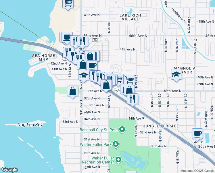 map of restaurants, bars, coffee shops, grocery stores, and more near 3839-3845 Tyrone Boulevard North in Saint Petersburg