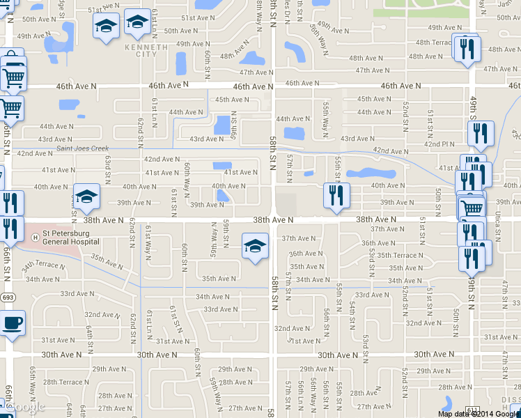 map of restaurants, bars, coffee shops, grocery stores, and more near 5830 39th Avenue North in St. Petersburg