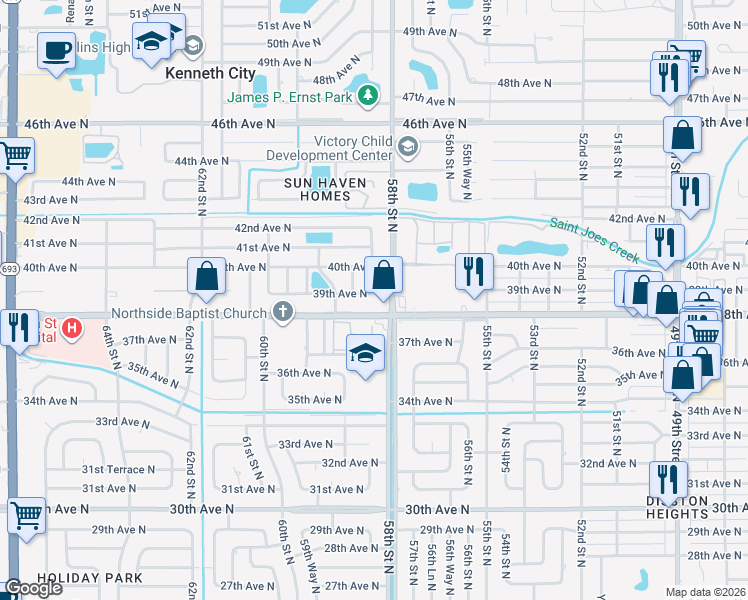 map of restaurants, bars, coffee shops, grocery stores, and more near 5830 39th Avenue North in St. Petersburg