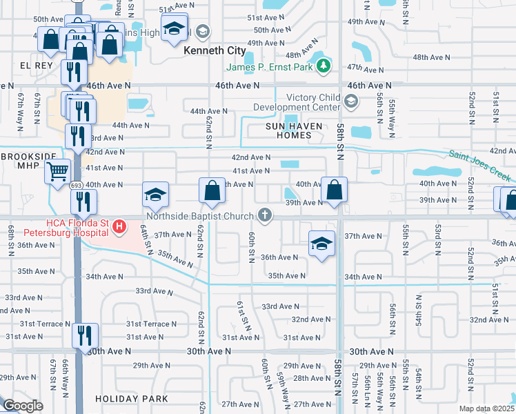 map of restaurants, bars, coffee shops, grocery stores, and more near 6040 39th Avenue North in Saint Petersburg