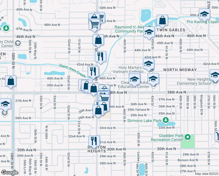 map of restaurants, bars, coffee shops, grocery stores, and more near 3827 Utica Street North in St. Petersburg