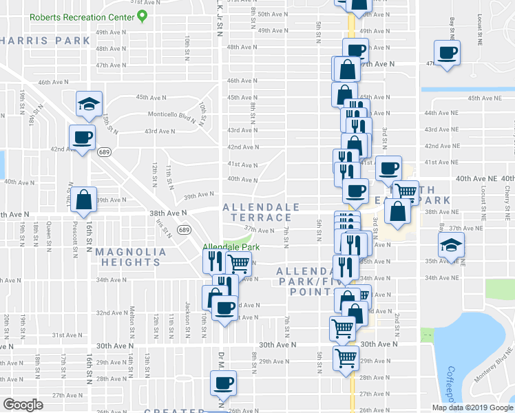 map of restaurants, bars, coffee shops, grocery stores, and more near 761 38th Avenue North in St. Petersburg