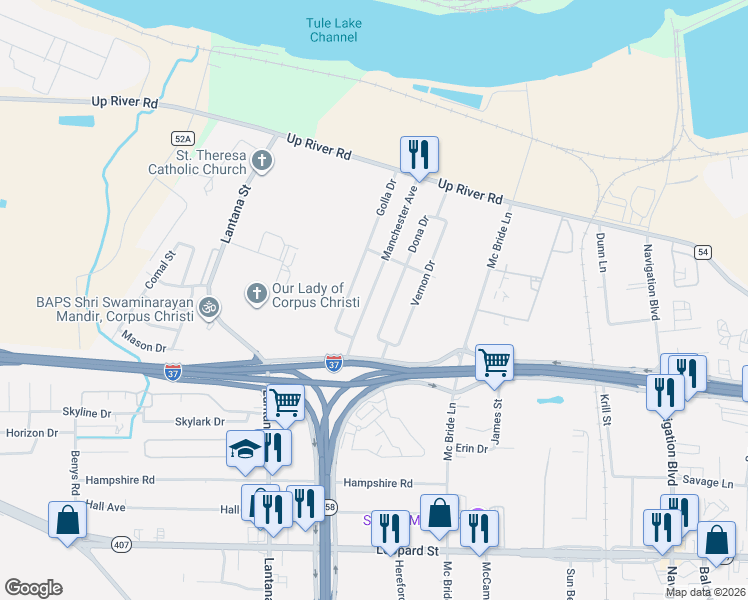 map of restaurants, bars, coffee shops, grocery stores, and more near 1102 Manchester Avenue in Corpus Christi