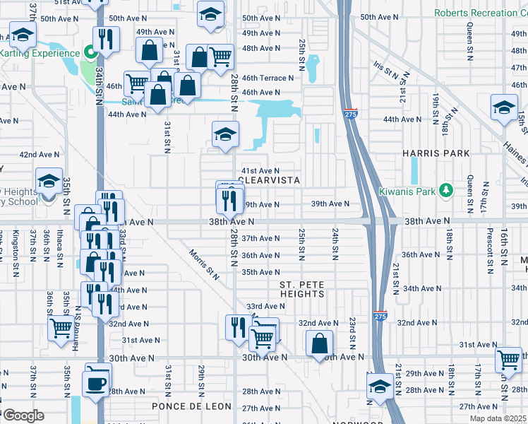 map of restaurants, bars, coffee shops, grocery stores, and more near 3826 26th Street North in St. Petersburg