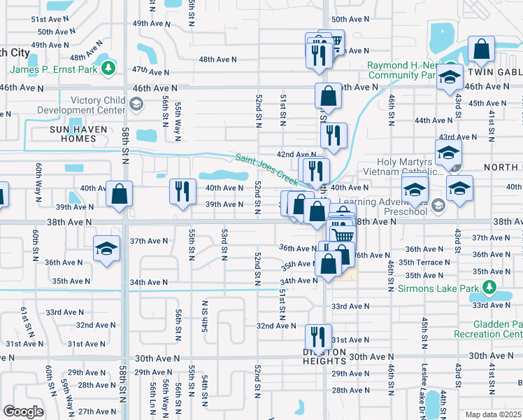 map of restaurants, bars, coffee shops, grocery stores, and more near 5154 39th Avenue North in St. Petersburg