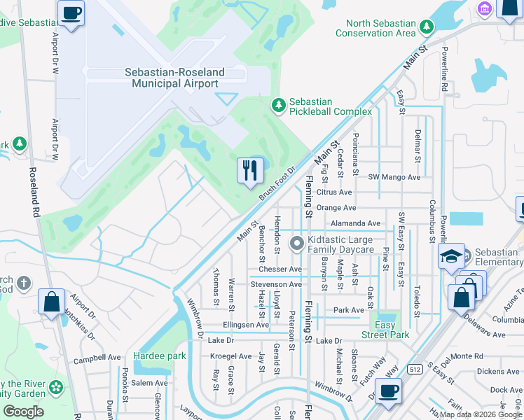 map of restaurants, bars, coffee shops, grocery stores, and more near 318 Main Street in Sebastian
