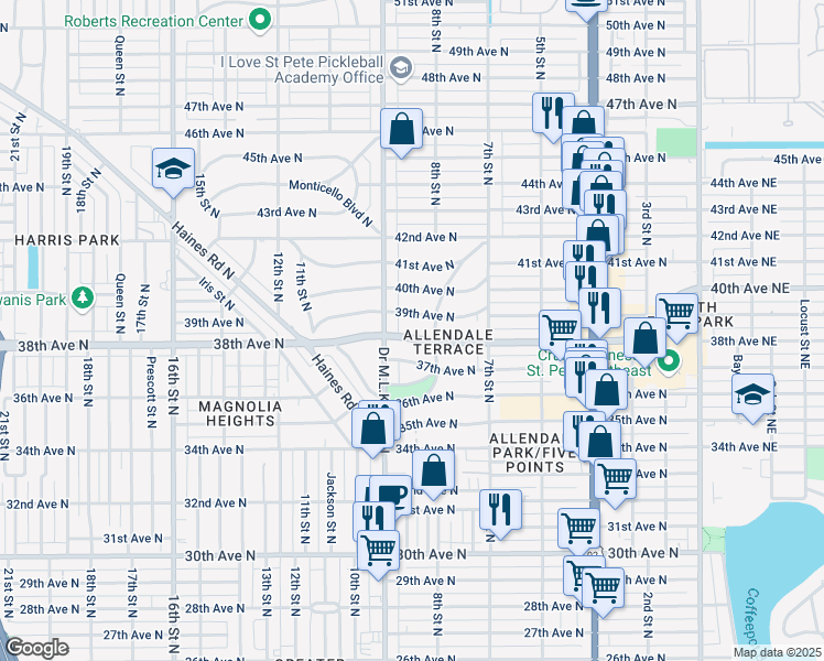 map of restaurants, bars, coffee shops, grocery stores, and more near 829 38th Avenue North in St. Petersburg