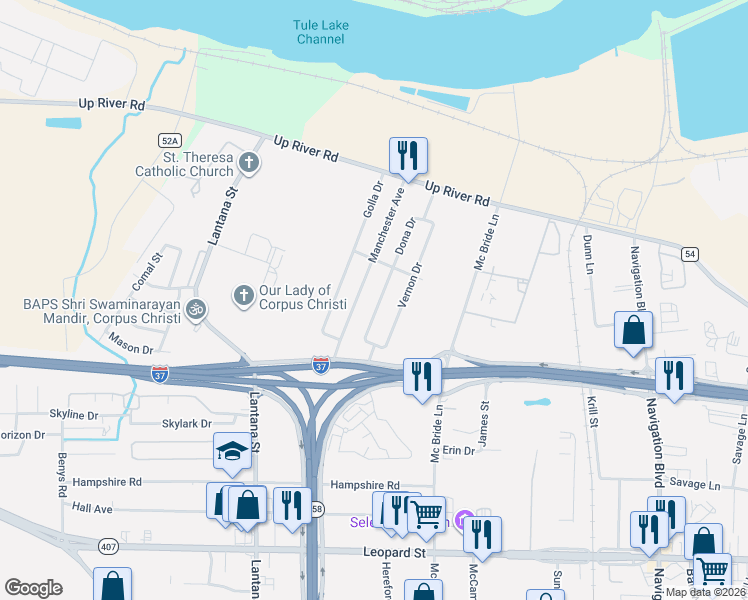 map of restaurants, bars, coffee shops, grocery stores, and more near 1102 Manchester Avenue in Corpus Christi