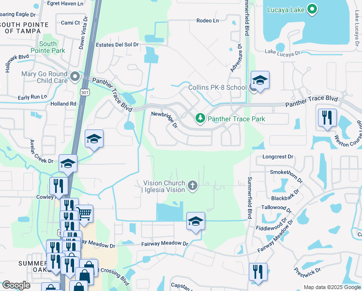 map of restaurants, bars, coffee shops, grocery stores, and more near 12705 Bramfield Drive in Riverview