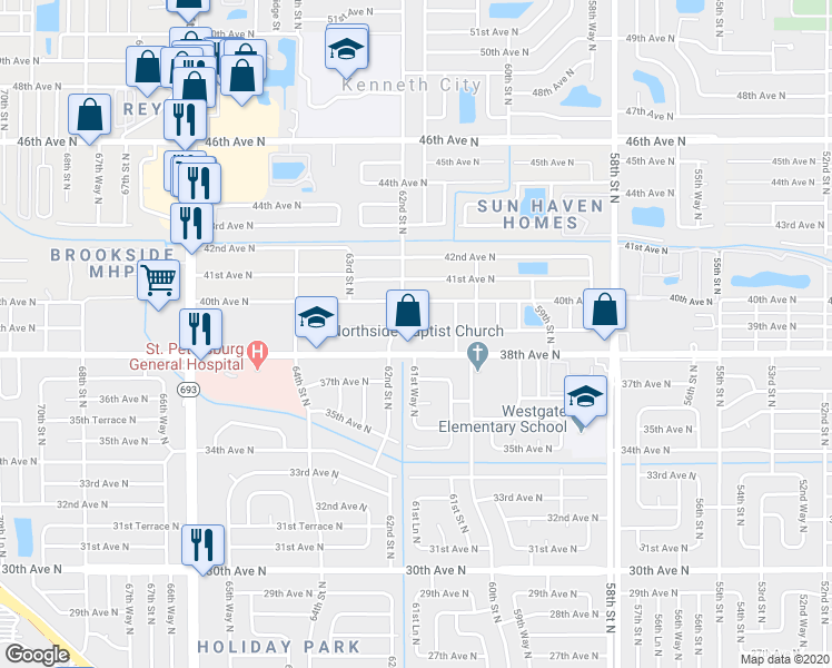 map of restaurants, bars, coffee shops, grocery stores, and more near 6178 39th Avenue North in Saint Petersburg