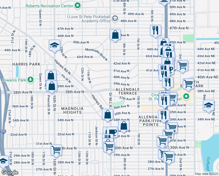 map of restaurants, bars, coffee shops, grocery stores, and more near 3800 9th Street North in St. Petersburg